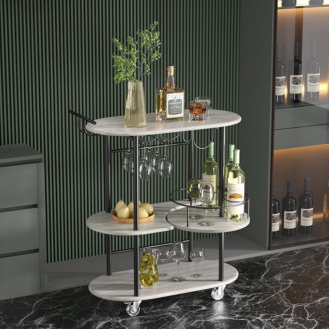 Light Gray Bar Carts with 4-Tier Storage Shelves, Mobile Bar Serving Cart with Wine Rack and Glass Holder, for The Home, Kitchen, Living Room, Dining Room-Ruum Studio Home