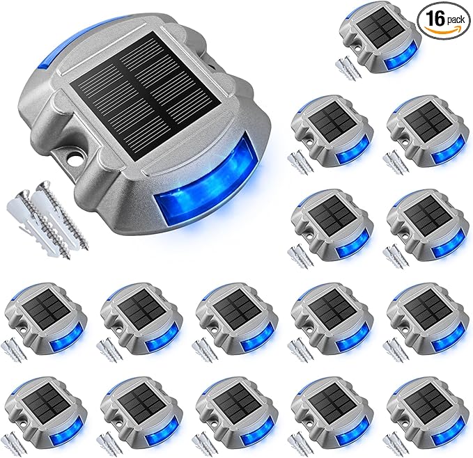 VOLISUN Solar Deck/Dock Lights, 16-Pack Led IP67 Waterproof Outdoor Warning Step Lights for Driveway Sidewalk Garden Pathway Yard (Blue)-Ruum Studio Home