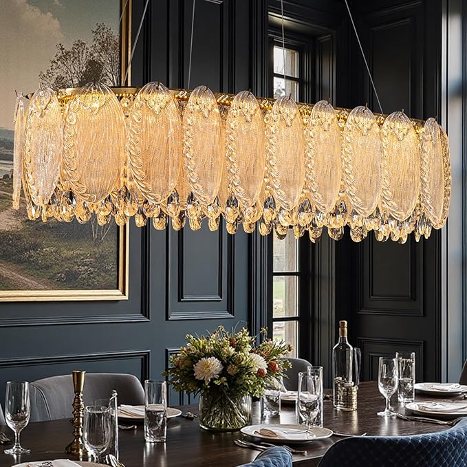 Gold Rectangle Modern Chandeliers for Dining Room Light Fixture, Water Ripple Crystal Glass LED Chandelier for Kitchen Island Bar Living Room, 2700K-6000K-Ruum Studio Home