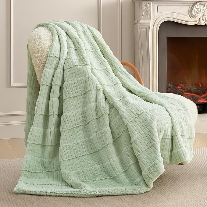 Amélie Home Luxury Striped Faux Fur Throw Blanket for Couch, Embossed Split Fur Cozy Fuzzy Fluffy Luxurious Soft Plush Sofa Chair Bed Gift Blankets for Women Men Wife Friend, 55"x70", Sage Green-Ruum Studio Home