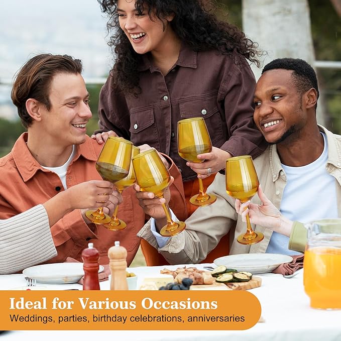 Amber Wine Glasses Set of 6-14oz Long Stem Wine Glass, Pretty Crystal Glassware, Hand Blown Goblets Drinkware, Unique Stemware Wine Glass Holiday Gift Set-Ruum Studio Home