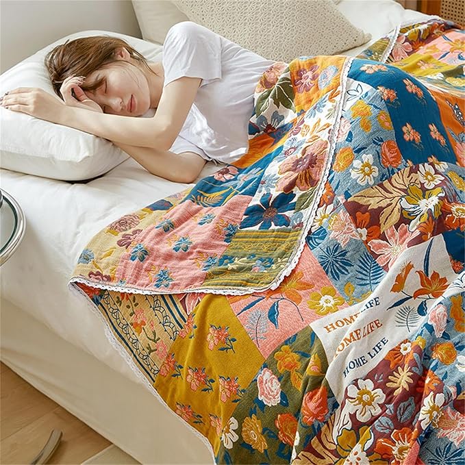 Throw Blanket for Couch Bed, 100% Cotton Muslin 60''x80'' Travel Bed Blankets Mexican Boho Quilt Flowers Blanket Lightweight Blanket Soft Warm Throws Gifts for Women Mom-Ruum Studio Home