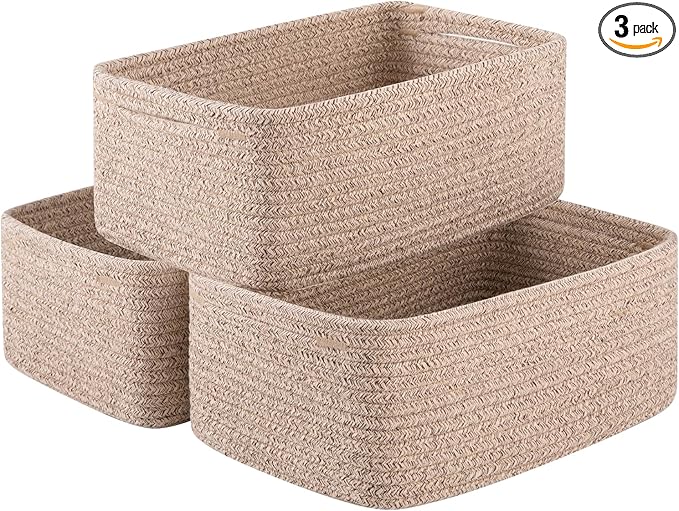 3 Pack Small Storage Baskets for Organizing, Cute Woven Decorative Gift Baskets for Shelves, Mini Closet Organizer Bins with Handles, 11.81''Lx7.87''Wx4.72''H-Brown-Ruum Studio Home