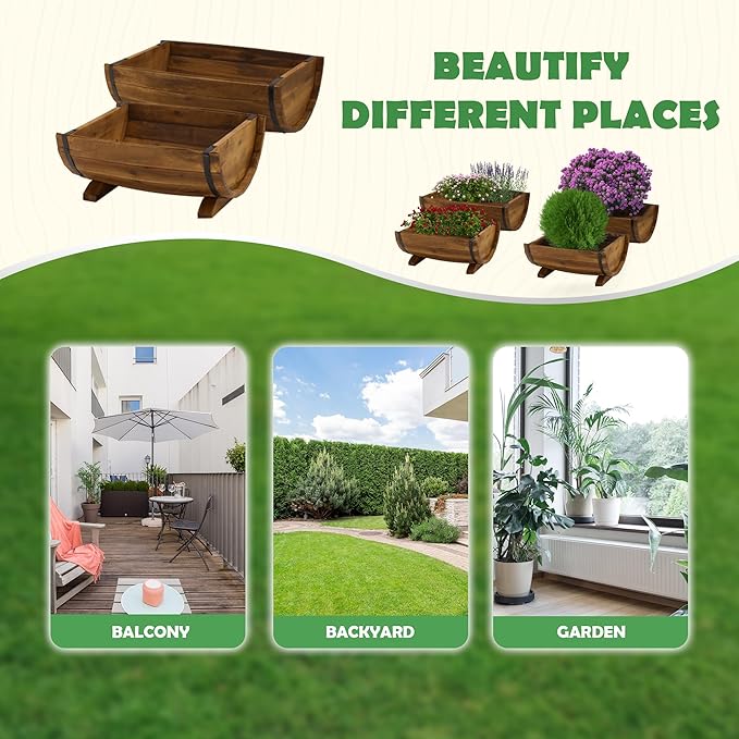 IDZO Solid Acacia Wood Half Barrel Planters Outdoor Set of 2 Different Sizes, Wooden Planters for Outdoor Plants with Metal Bands & Drainage Holes, Legs Included, Brown-Ruum Studio Home