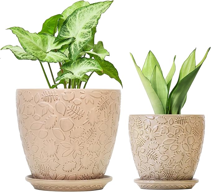8 Inch + 6 Inch Retro Ceramic Planter Set of 2 with Drainage Hole and Saucer for Multiple Plants, Indoor-Outdoor Garden Pots for Succulent, Orchid, and Flower (Retro Peach)-Ruum Studio Home