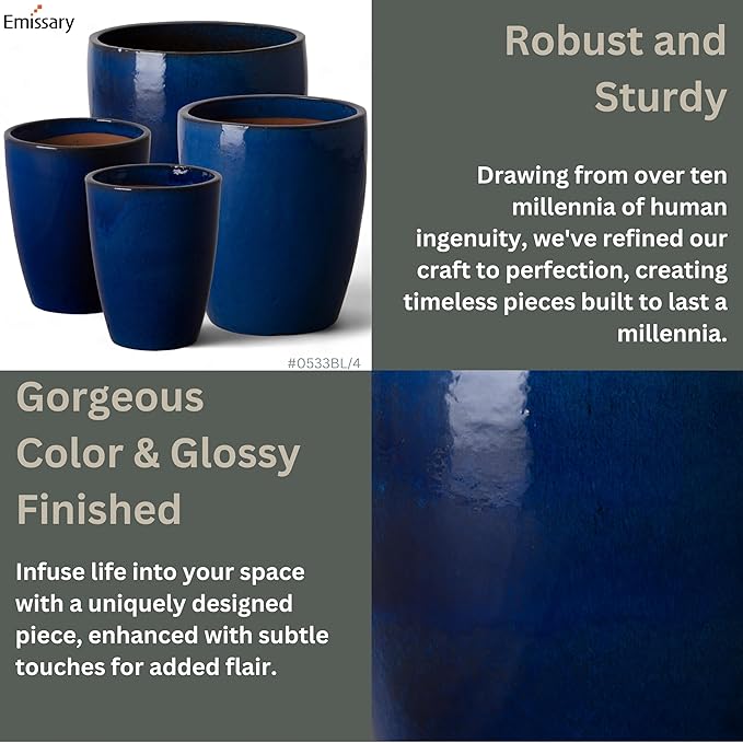 Emissary Home and Garden Bullet 11.5 in. Blue Ceramic Round Planter (11.5 in. L x 11.5 in. W x 14 in. H) with Drainage Hole-Ruum Studio Home