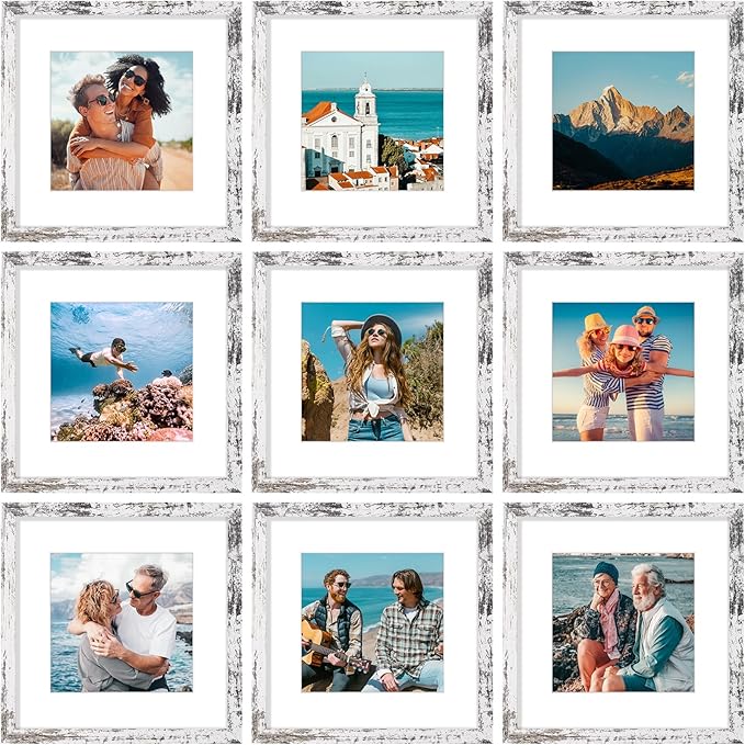 Vittanly 12x12 Picture Frames Set of 9, Shatter Resistant Plexiglass, Display 8x8 Pictures with Mat or 12x12 without Mat, Photo Frames for Wall Mount, Engineered Wood, Distressed White-Ruum Studio Home