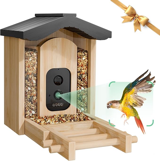 Bird Feeder with Camera, Smart Bird Feeder for Outdoors, Wild Birds Feeders with Solar Panel Bamboo Birds House Camera for Birdlovers, AI Auto Capture Birds & Real-time Notification (Gable)-Ruum Studio Home