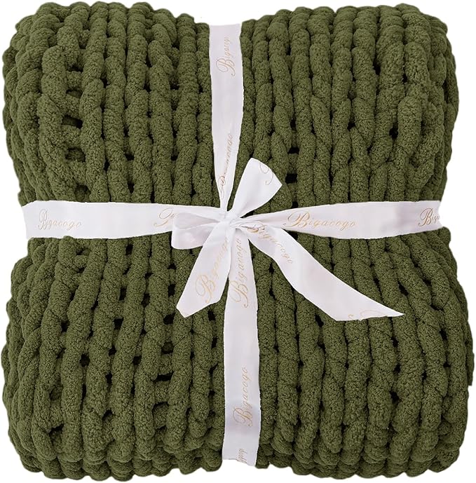 Bigacogo Chunky Knit Throw Blanket for Couch, 51x63 inches, 100% Hand Knitted with Thick Jumbo Chenille Yarn, Cozy Soft Large Rope Knot Cable Crochet Blankets for Sofa Bed Living Room, Yellow Green-Ruum Studio Home