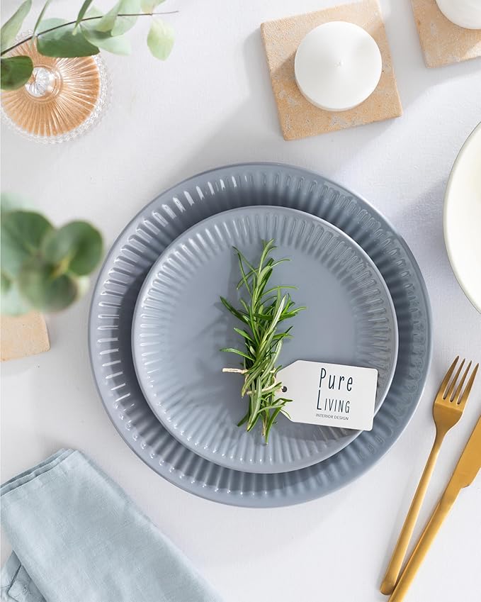 Stoneware Dinnerware Set for 4 People HYGGE 12-Piece - Elegant Scandi Design - Premium Dish Set - Bowl and Plate Set - Tableware for 4 People in a Ribbed Design - Pure Living in Gray-Blue-Ruum Studio Home