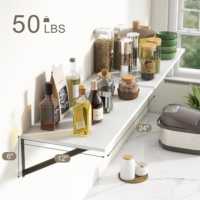 Deep Floating Shelves, 12 Inch Deep Floating Shelves for Wall, 24"W x 12"D Wall Shelves for Books, Rustic White Wooden Shelves, Large Wide Display Shelf for Bathroom, Living Room, Bedroom, Set of 2-Ruum Studio Home