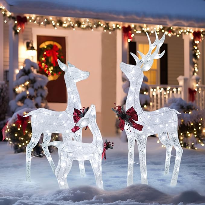 4.5FT Lighted Reindeer Family Set for Christmas Decoration, 3 Pieces Pre-Lit Iridescent Deer Xmas Decor with 200 LED Lights, 3D Glittered Standing Holiday Display for Outdoor, Indoor, White-Ruum Studio Home
