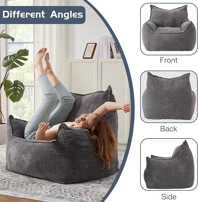 Giant Bean Bag Chair Sofa for Adults Teens, Comfy Corduroy Large Bean Bag Chairs with Armrests for Bedroom Living Room, Adult BeanBag Lazy Sofa Couch Chairs with Filler Included-Ruum Studio Home