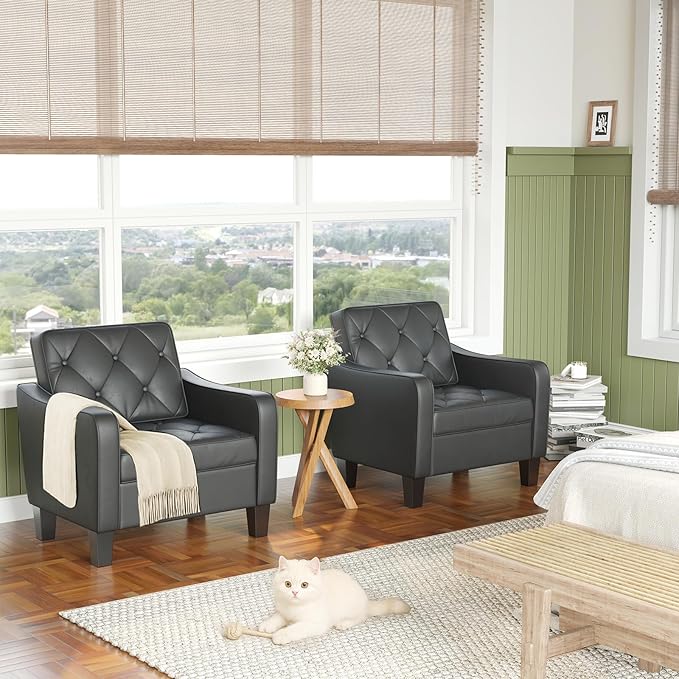 STHOUYN Living Room Chairs Black Leather Accent Chairs Set of 2, Waiting Room Arm Chairs, Reading Chairs for Bedroom Comfy Club Chair Tufted, Office Small Space (2, Black)-Ruum Studio Home