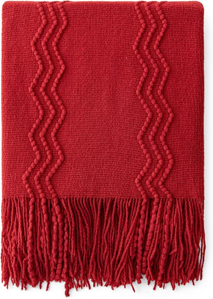 MIULEE Red Knitted Throw Blanket for Couch Boho Textured Cozy Woven Blanket with Tassels for Sofa Chair Bed Living Room Acrylic Wave Pattern 60"x80"-Ruum Studio Home