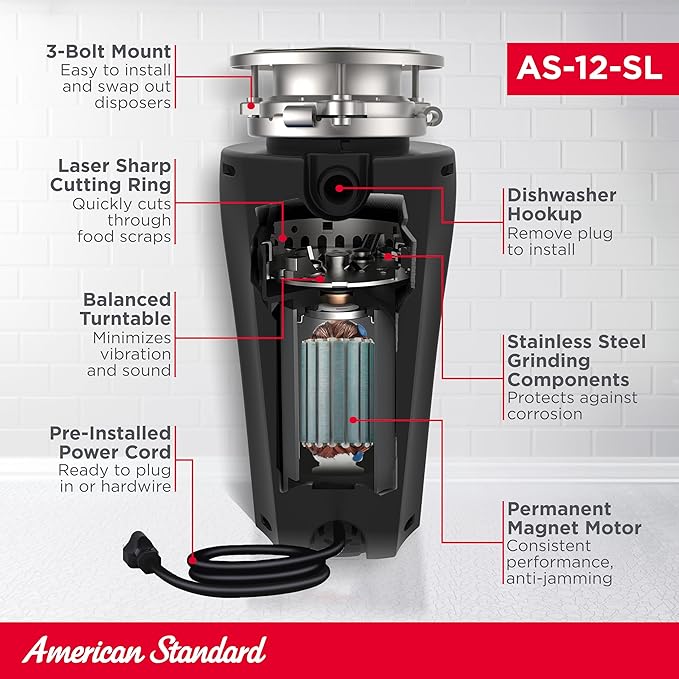 American Standard 10-US-AS-12-SL Garbage Disposal Anti-Jam Stainless Steel Food Waste Grinding System, Slim Line, 1.25 HP, Black-Ruum Studio Home