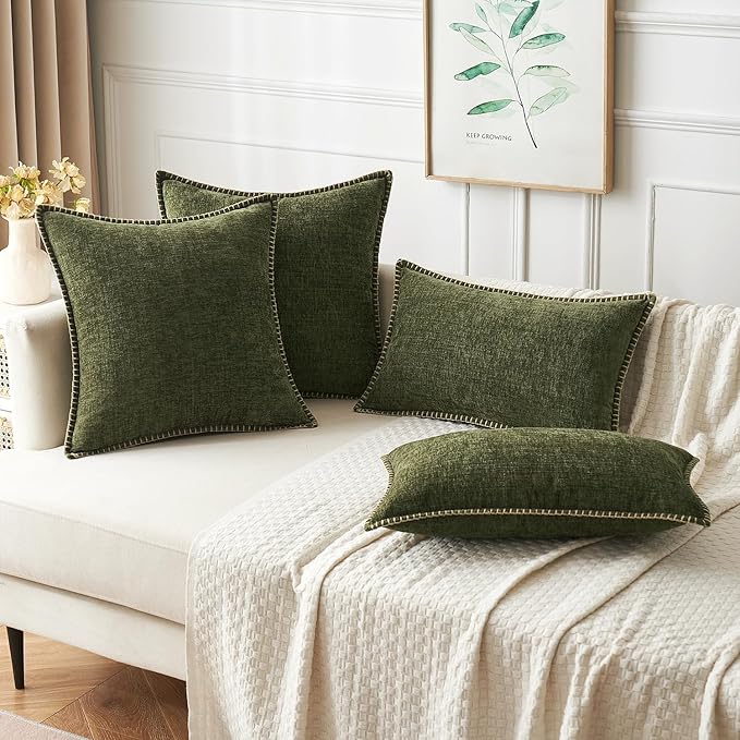 MIULEE Pack of 2 Couch Throw Pillow Covers 16x16 Inch Olive Green Farmhouse Decorative Pillow Covers with Stitched Edge Soft Chenille Solid Dyed Spring Pillow Covers for Sofa Bed Living Room-Ruum Studio Home