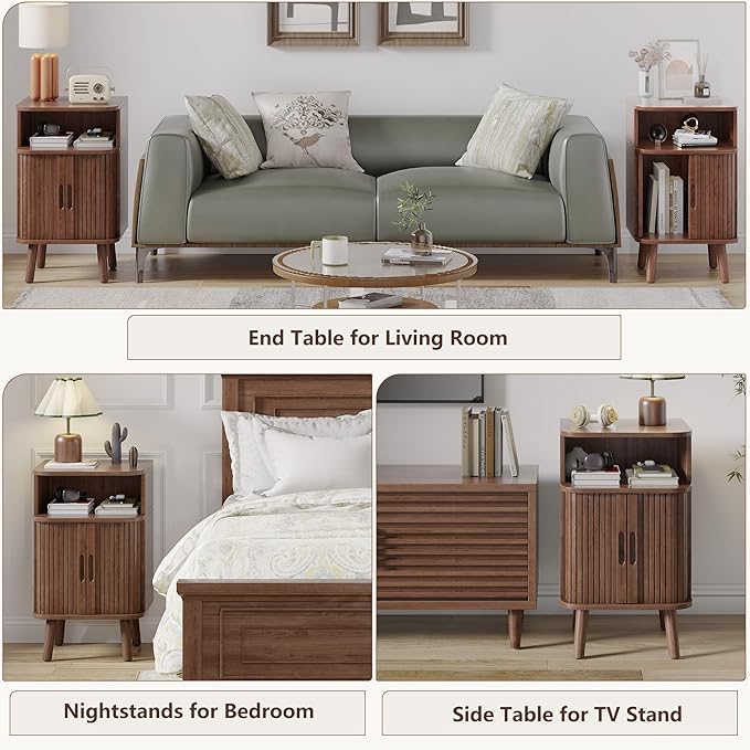 Alohappy Mid Century Modern End Table with Sliding Tambour Door, Fluted Wood Nightstand, Curved Round Edge Side Table with Storage Cabinet for Bedroom, Living Room, Walnut-Ruum Studio Home