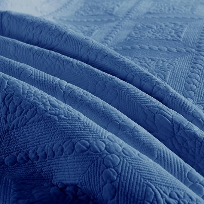 MarCielo 3-Piece 100% Cotton Oversized Bedspread Lightweight Quilt Coverlet Embroidery Farmhouse Bedding Set (Tk Midtone Blue, Oversized Queen (100"x106"))-Ruum Studio Home