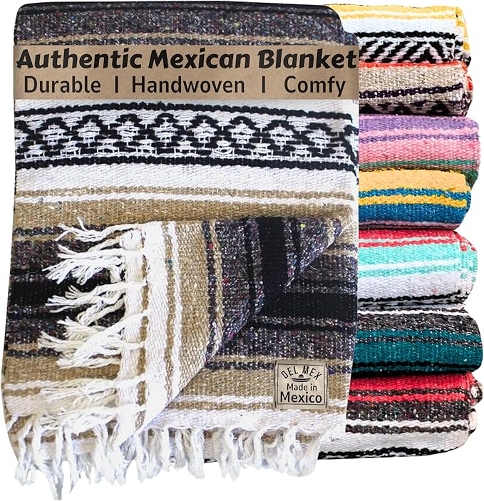 Del Mex Classic Mexican Blanket, Large Authentic Woven Falsa Throw (70"x50"), Artisan Southwest Décor for Beach, Yoga, Outdoors (Tan)-Ruum Studio Home