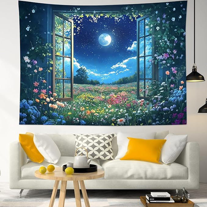 LB Wildflower Moon Tapestry, Window Forest Plant Green Leaf and Garden Colorful Floral Wall Tapestry for Bedroom, Night Sky Wall Art for Living Room Dorm Home Decor Ready to Hanging, 48 x 36 Inches-Ruum Studio Home