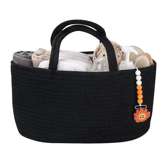 Baby Diaper Caddy Organizer for Girl Boy Cotton Rope Nursery Storage Bin Basket Portable Holder Tote Bag for Changing Table Car Travel Baby Shower Gifts Newborn Essentials Registry Must Haves Black-Ruum Studio Home
