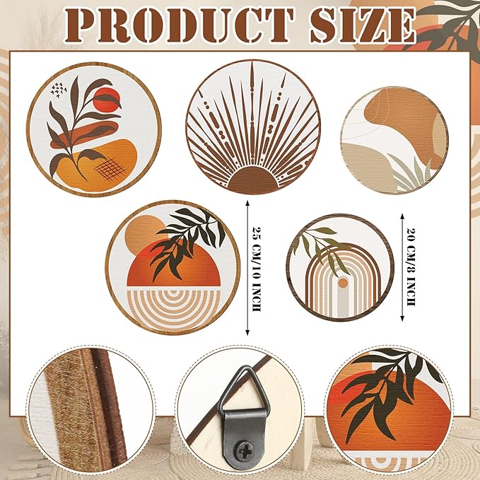 Qunclay 5 Pcs Wall Art Decor Wooden Living Room Wall Decor Bohemian Hanging Farmhouse Geometric 10'' and 8'' Aesthetic Wood Minimalist Posters for Bedroom(Boho)-Ruum Studio Home