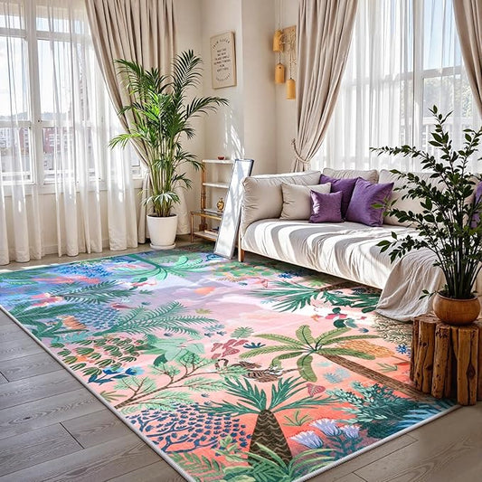 LIVEBOX Machine Washable Area Rugs 8x10 Lavender Girls Bedroom Rug, Soft Ultra-Thin Nursery Girl Carpet for Living Room, Jungle Purple Rugs for Girls Room, Lilac Rug for Nursery Room-Ruum Studio Home