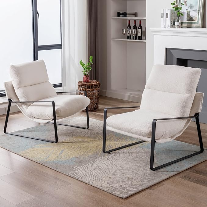 DUOMAY Modern White Sherpa Accent Chair, Comfy Lounge Lazy Chair with Metal Leg, Mid-Century Corner Arm Chair for Living Room Bedroom Office Apartment-Ruum Studio Home