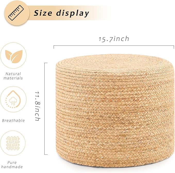 Handwoven Water Hyacinth Ottoman Pouf, Round Outdoor Footstool with Sturdy Frame, No Assembly Needed, Boho Accent Stool for Indoor & Outdoor Use – Patio, Balcony, Living Room (Natural)-Ruum Studio Home