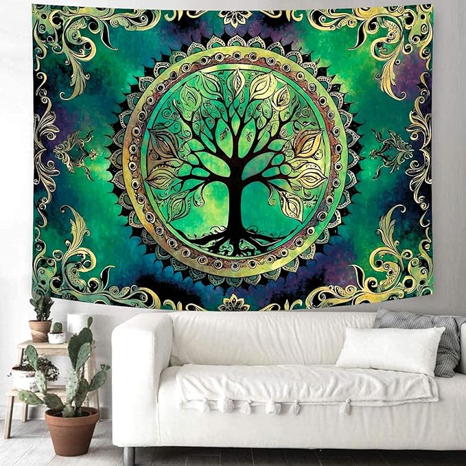 Delur Tree of Life Tapestry Green Nature Bohemian Mandala Spiritual Tapestry Wall Hanging Mystical Landscape Hippie Psychedelic Headboard for Bedroom Living Room Home Decor (70.8" x 92.5")-Ruum Studio Home