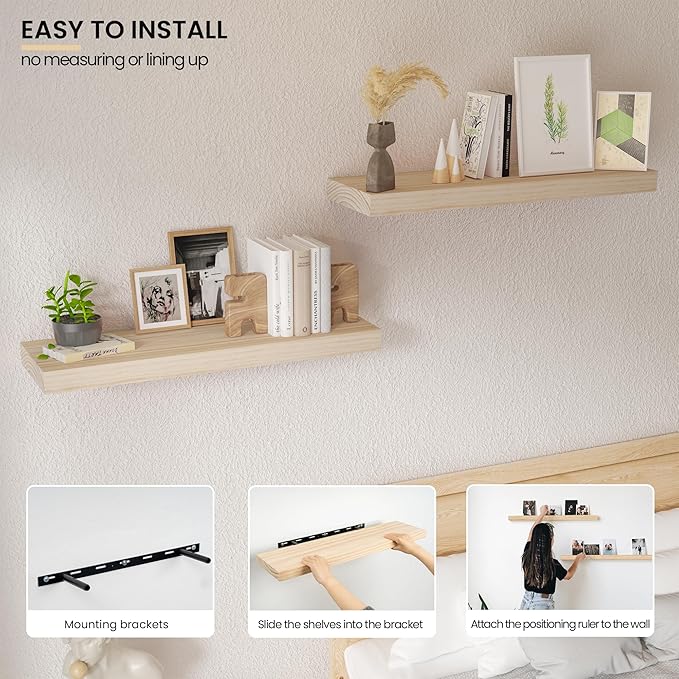 Natural Wood Floating Shelves 24”x 8”x 1.4” Book Shelf Floating for Wall Mounted, Heavy Duty Shelf Hold 60 lbs, Unfinished Wall Shelves for Bathroom, Living Room, Kitchen, Bedroom, Office-Ruum Studio Home