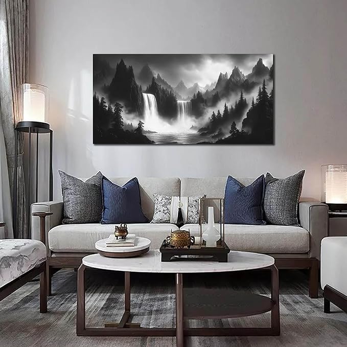 HUBOSKN Waterfall Pictures Wall Decor for Living Room - Mountain Wall Art for Office - Black and White Canvas Wall Art for Bedroom Size 24" x 48"-Ruum Studio Home