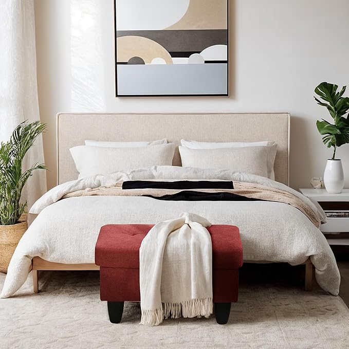 Ottoman Rectangular Storage Ottoman Bench, Flannel Footrest Stool Footstool with Lid for Living Room, Bedroom, Entryway, Red, 28.5"x19"x17.5"-Ruum Studio Home