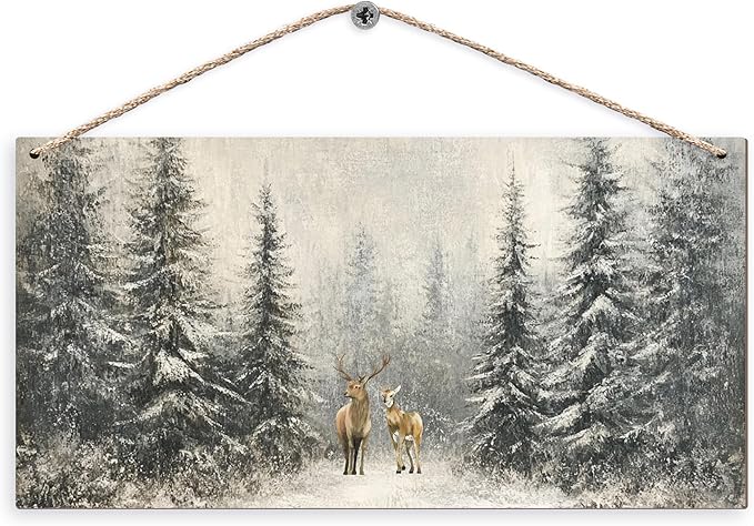 Winter Pine Tree Deer Wooden Sign, 12x6 inches, Rustic Wall Decor for Home, Office or Gifting-Ruum Studio Home