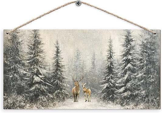 Winter Pine Tree Deer Wooden Sign, 12x6 inches, Rustic Wall Decor for Home, Office or Gifting-Ruum Studio Home