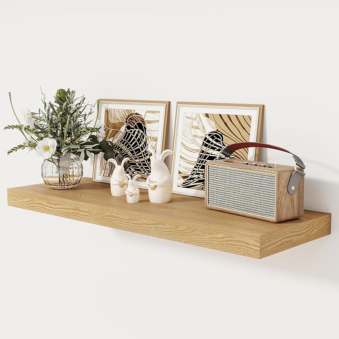 Floating Shelves 36 Inch Long, 12 Inch Deep Floating Shelves for Wall, 36 x 12 Shelves for Wall Storage & Display, 2" Thick Floating Shelf for Bathroom, Living Room, Bedroom, Oak Color, Set of 1-Ruum Studio Home