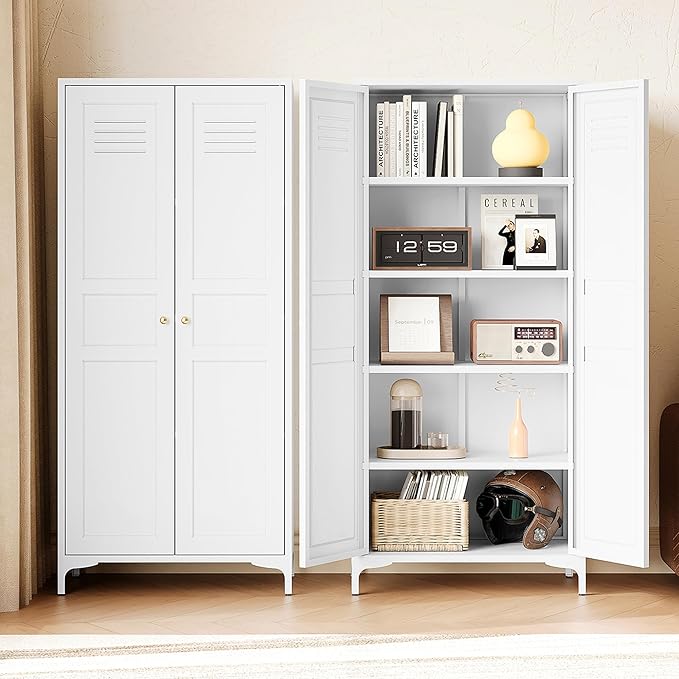 Letaya White Storage Cabinet with Feets-Metal Home Kitchen Pantry Cabinets with Doors and Adjustable Shelves,Organization Locker for Cupboard/Bedroom/Dining/Living/Bathroom/Office/Garage Room (White)-Ruum Studio Home
