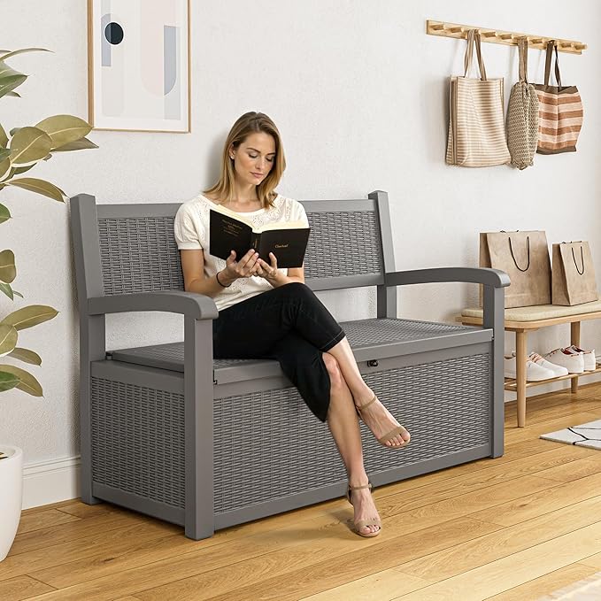 70 Gallon Outdoor Storage Box, Resin Patio Furniture with Armrest, Lockable Deck Box with Waterproof and UV Resistant for Patio Cushions, Garden Tools and Pool Supplies, Grey-Ruum Studio Home
