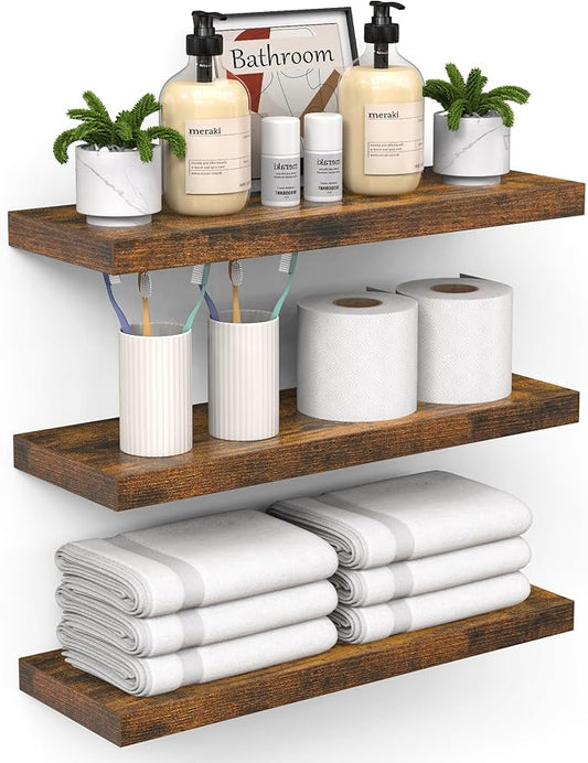 BAYKA Bathroom Floating Shelves for Wall – Bathroom Shelf Over Toilet Farmhouse Rustic Wood for Bedroom, Kitchen, or Living Room Decor – Rustic Brown, Set of 3, Sturdy Storage with 22lb Capacity-Ruum Studio Home