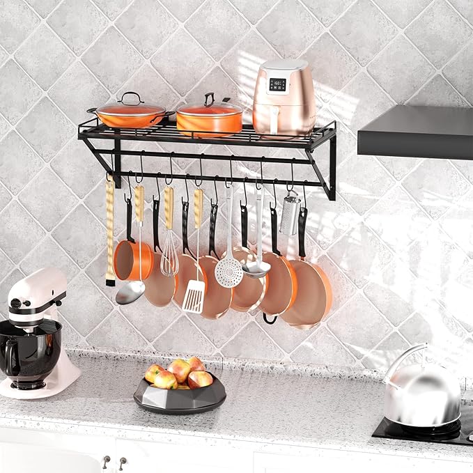 OROPY 31 Inch Wall Mounted Pot Rack Storage Shelf with 2 Tier Hanging Rails 14 S Hooks included, Ideal for Pans, Utensils, Cookware - Black-Ruum Studio Home