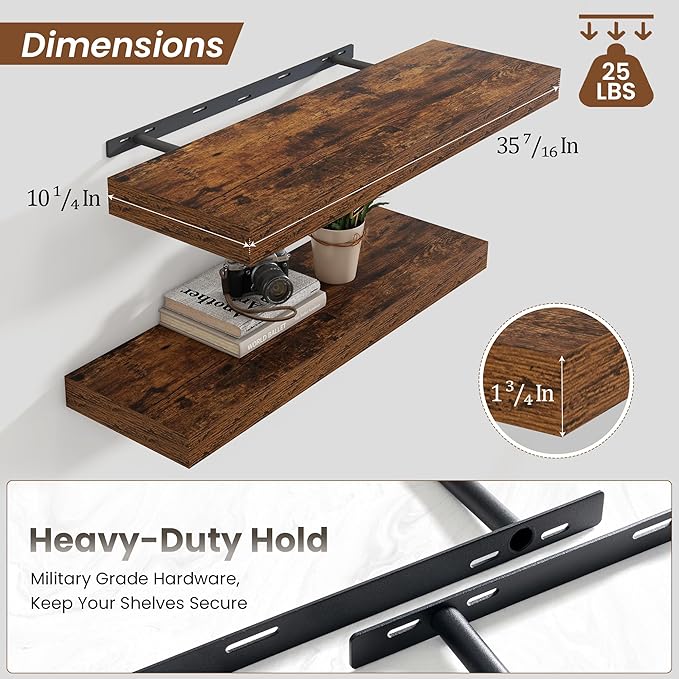 Heimlove 36 Inch Floating Shelves for Wall,10 Inch Deep Brown Wood Shelves with Invisible Brackets,Wall Mounted Storage & Display Shelves for Bedroom,Living Room,Kitchen,Office-Ruum Studio Home