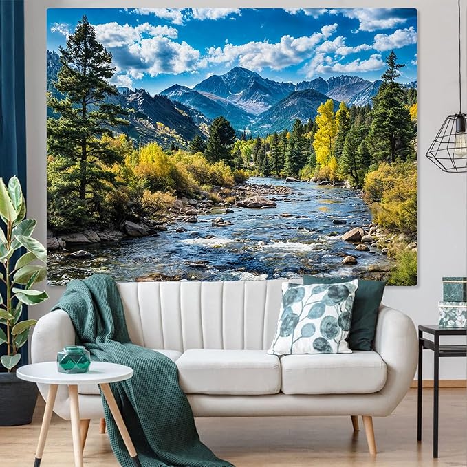 AMM Nature Forest Mountain Tapestry Green Pine Tree Tapestry for Bedroom Aesthetic White Clouds Flowing River Landscape Classroom Tapestries Wall Hanging for Living Room Dorm Office-Ruum Studio Home