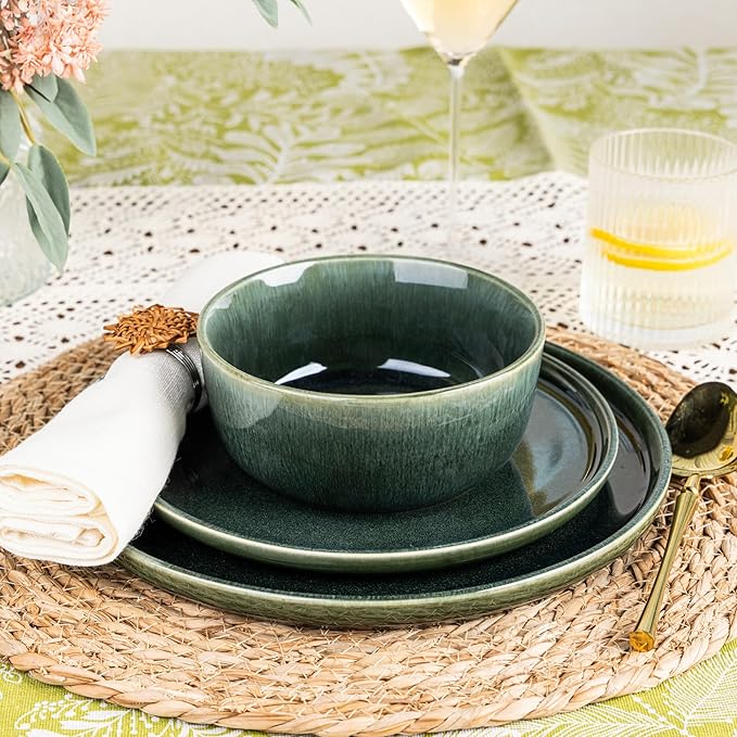GBHOME Ceramic Dinnerware Sets for 8, 24 Pieces Stoneware Plates and Bowls Sets, Reactive Glaze Dishes -Scratch Resistant, Dishwasher&Microwave Safe, Earth Green-Ruum Studio Home