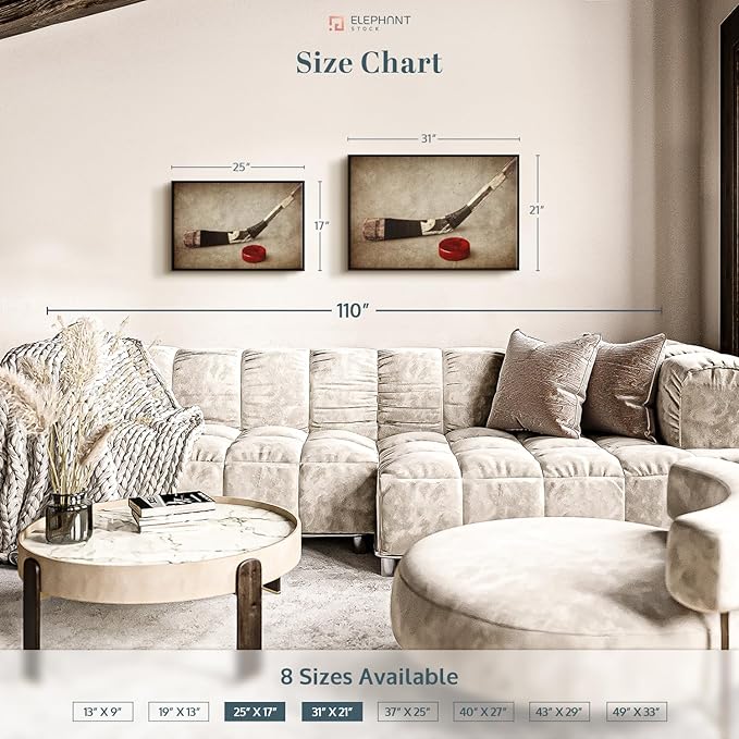 Elephant Stock Vintage Ice Hockey Wall Art - Horizontal Framed Canvas - 1-Piece Hallway Wall Decor - Photography Sports Canvas Print - Brown and Beige Decor for Wall - 25" X 17"-Ruum Studio Home