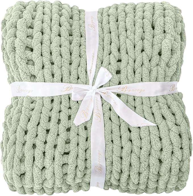 Bigacogo Chunky Knit Throw Blanket for Couch, 51x63 inches, 100% Hand Knitted with Thick Jumbo Chenille Yarn, Cozy Soft Large Rope Knot Cable Crochet Blankets for Sofa Bed Living Room, Sage Green-Ruum Studio Home