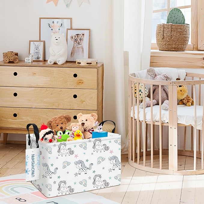 LANGYASHAN Rectangular Storage Bin Collapse Canvas Fabric Cartoon Storage Basket with Handles for Organizing Home Kitchen Boys and Girls Toys Office Closet Shelf Baskets (Rec Rainbow Unicorn)-Ruum Studio Home