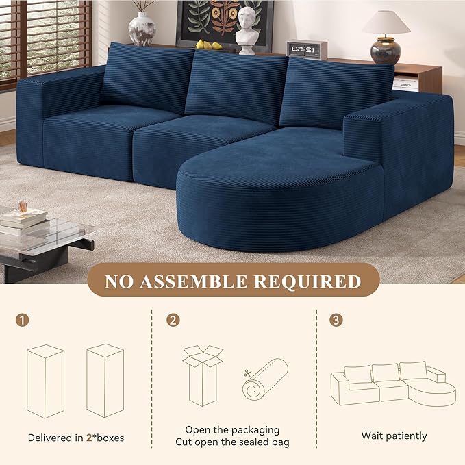 Modular Sectional Sofa with L-Shape Chaise,Cloud Sectional Modern Sleeper Couch with Deep Seat,Sponge Compression Sofas No Assembly Required(Blue-Corduroy Fabric) 1PCS-Ruum Studio Home