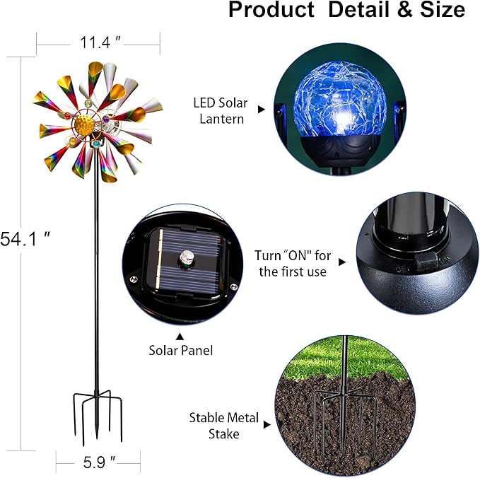 54'' Wind Spinners Outdoor Solar Garden Decor Light - Unique Metal Stake Colorful Windmill, Durable Waterproof Design for Garden, Lawn, Patio-Ruum Studio Home