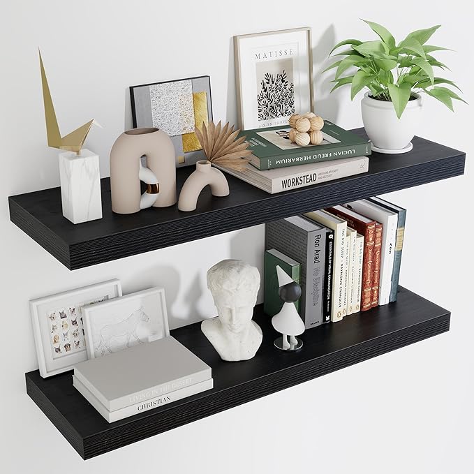Fun Memories Floating Shelves for Wall 36 Inches, Wood Shelves with Invisible Bracket, 10" Deep Shelves Wall Mounted, Large Wood Floating Shelves for Living Room Bathroom, Black, Set of 2-Ruum Studio Home
